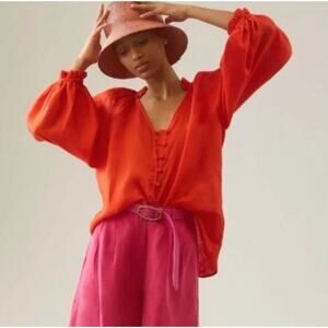 ANTHROPOLOGIE x MAEVE Audie Linen Puff Sleeve Blouse Fire Orange Sz S $98 {3D45}